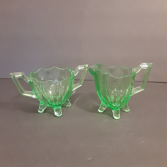 Vintage 1900s Indiana Glass Green/UV Glowing Creamer and Open Sugar footed Bowls - Picture 2 of 2